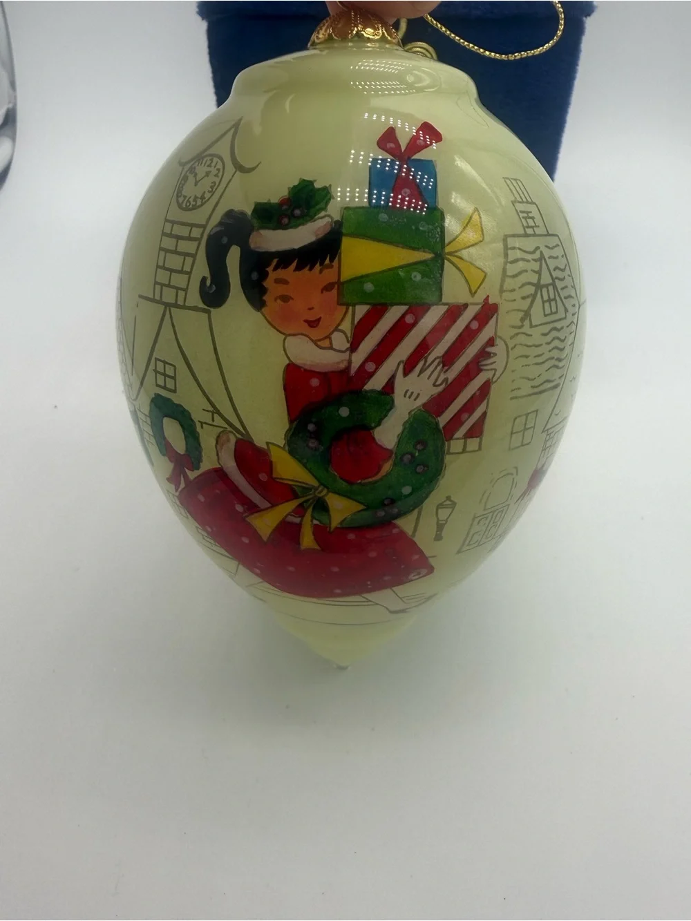 2013 Pier 1 Li Bien Holiday Shopper Reverse Hand Painted Teardrop Ornament w Box